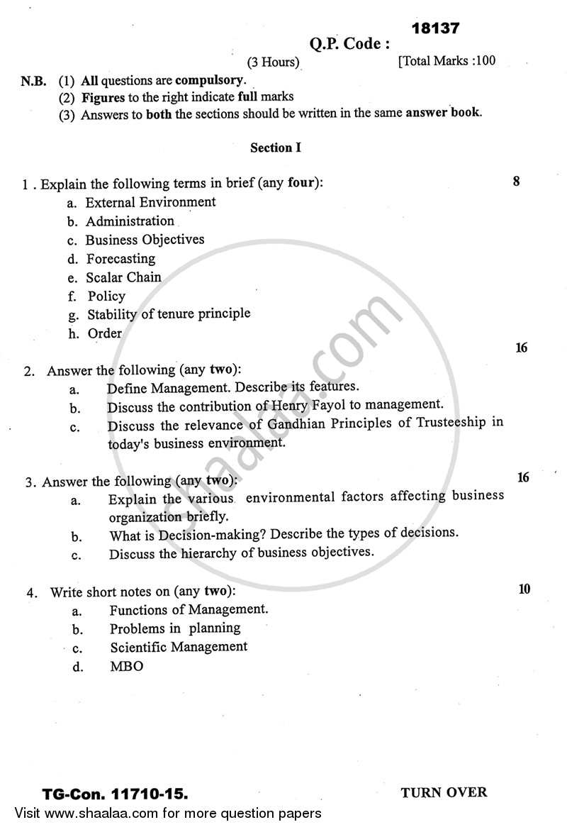 Introduction to Management 2014-2015 - B.A. - 3rd Year (TYBA) - University of Mumbai question paper with PDF download