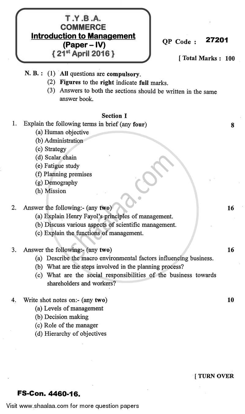 Introduction to Management 2015-2016 - B.A. - 3rd Year (TYBA) - University of Mumbai question paper with PDF download