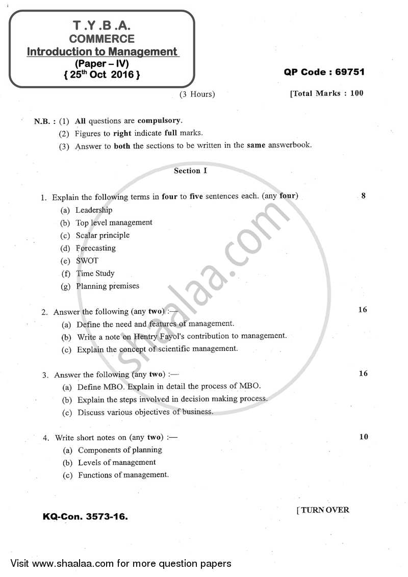 Introduction to Management 2016-2017 - B.A. - 3rd Year (TYBA) - University of Mumbai question paper with PDF download
