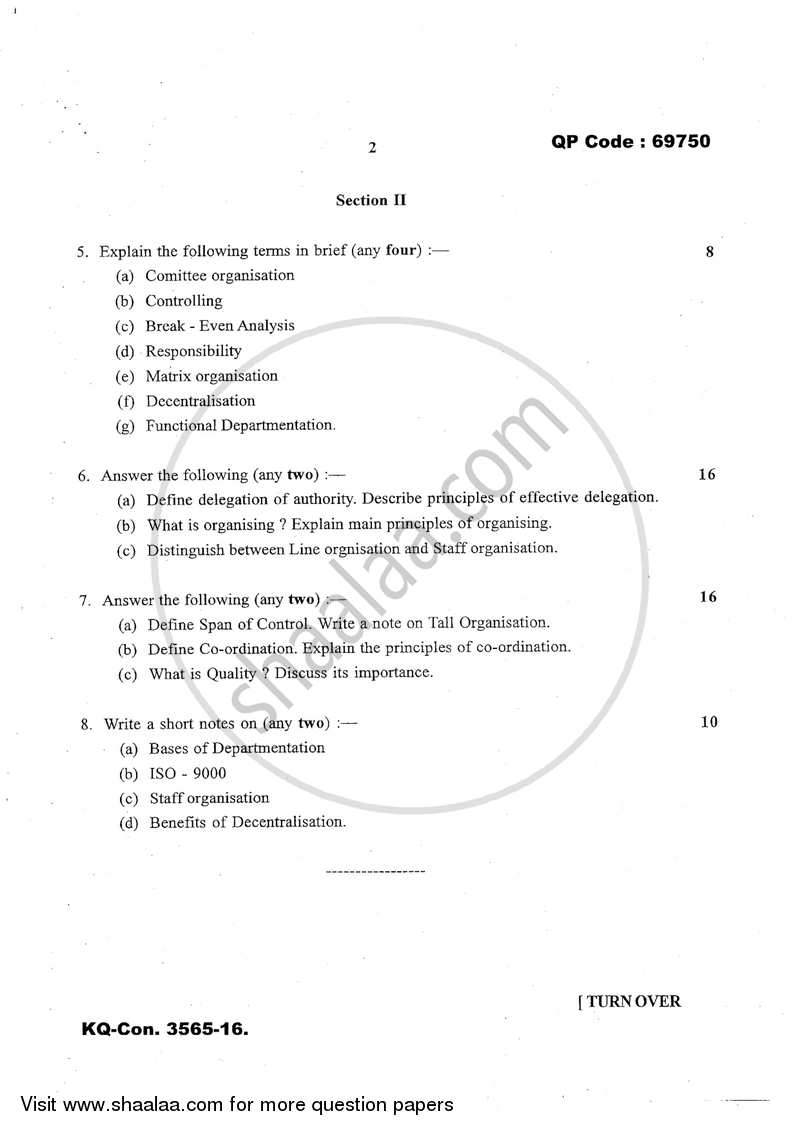 Introduction to Management 2016-2017 - B.A. - 3rd Year (TYBA) - University of Mumbai question paper with PDF download