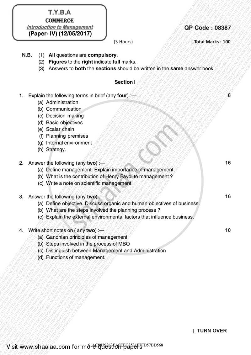 Introduction to Management 2016-2017 - B.A. - 3rd Year (TYBA) - University of Mumbai question paper with PDF download