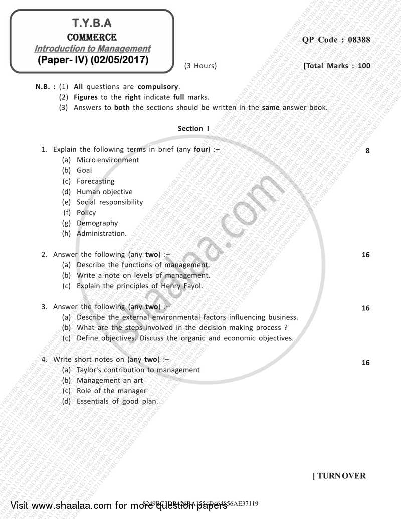 Introduction to Management 2016-2017 - B.A. - 3rd Year (TYBA) - University of Mumbai question paper with PDF download