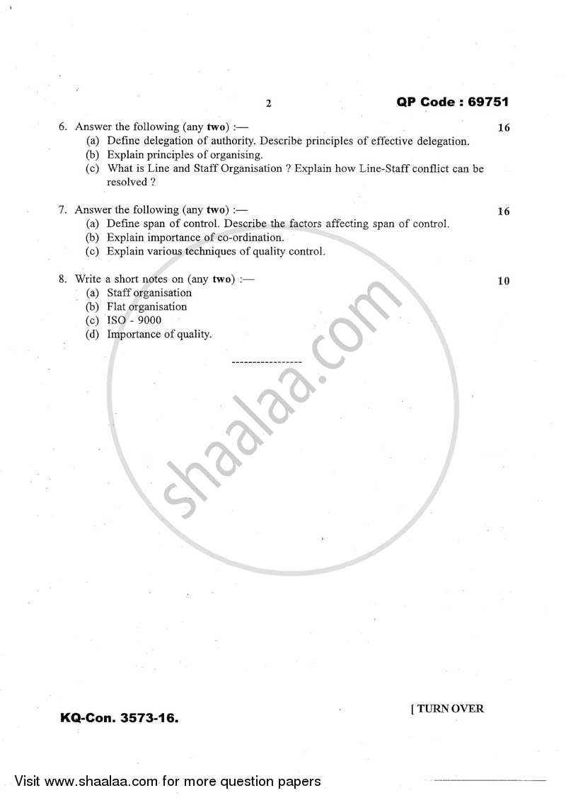 Introduction to Management 2016-2017 - B.A. - 3rd Year (TYBA) - University of Mumbai question paper with PDF download