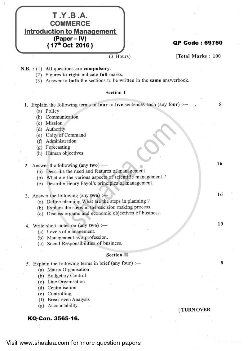 Introduction to Management 2016-2017 - B.A. - 3rd Year (TYBA) - University of Mumbai question paper with PDF download