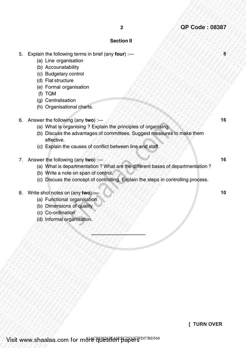 Introduction to Management 2016-2017 - B.A. - 3rd Year (TYBA) - University of Mumbai question paper with PDF download