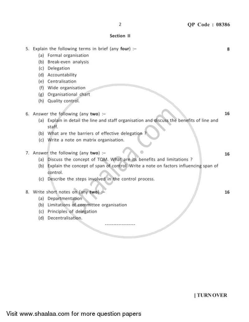 Introduction to Management 2017-2018 - B.A. - 3rd Year (TYBA) - University of Mumbai question paper with PDF download