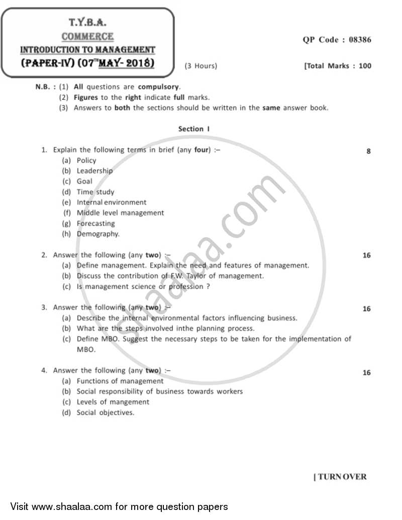 Introduction to Management 2017-2018 - B.A. - 3rd Year (TYBA) - University of Mumbai question paper with PDF download