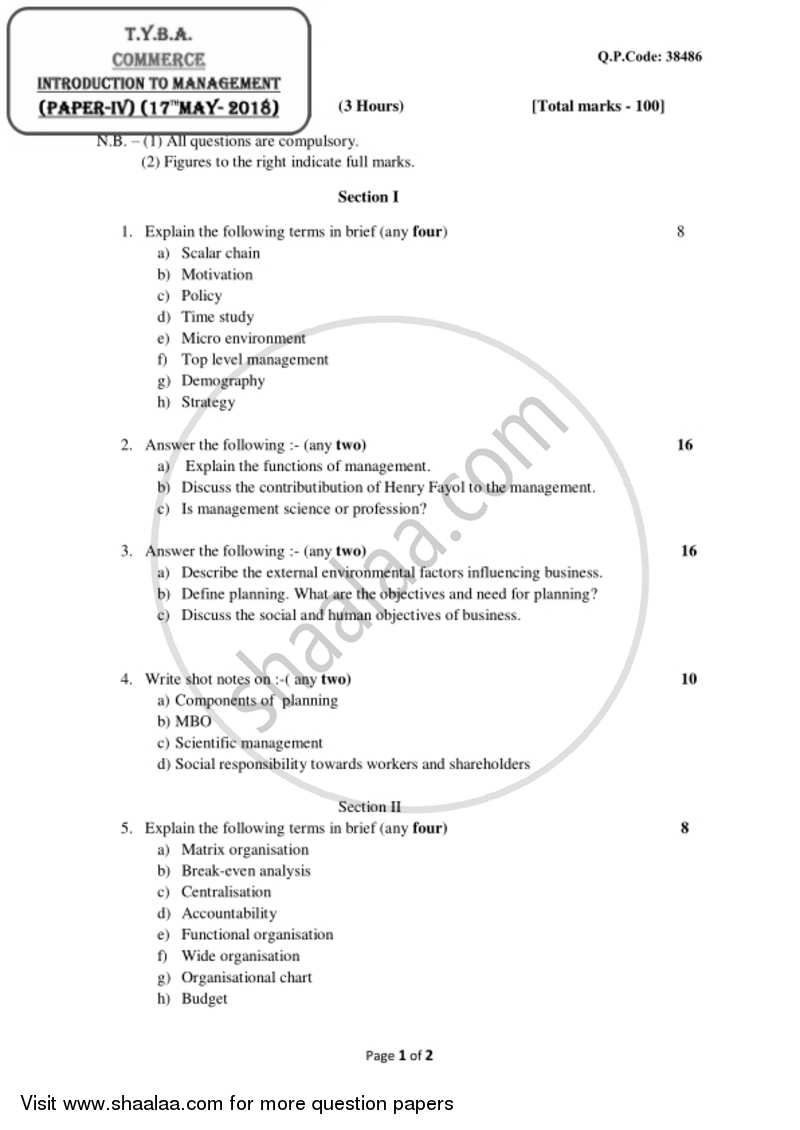 Introduction to Management 2017-2018 - B.A. - 3rd Year (TYBA) - University of Mumbai question paper with PDF download