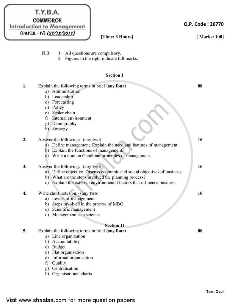 Introduction to Management 2017-2018 - B.A. - 3rd Year (TYBA) - University of Mumbai question paper with PDF download