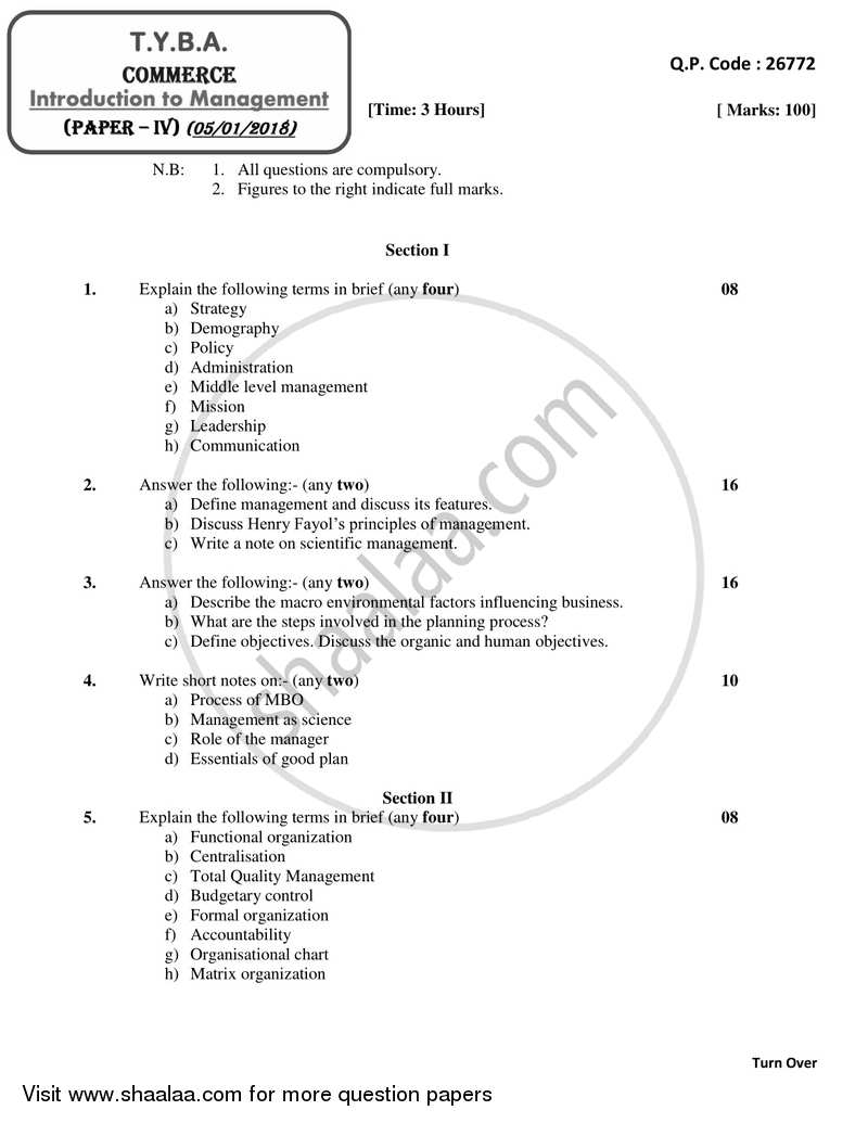 Introduction to Management 2017-2018 - B.A. - 3rd Year (TYBA) - University of Mumbai question paper with PDF download