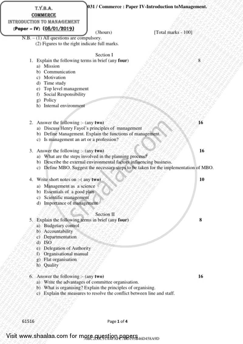 Introduction to Management 2018-2019 - B.A. - 3rd Year (TYBA) - University of Mumbai question paper with PDF download