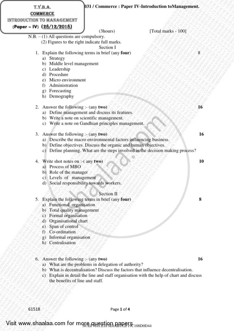 Introduction to Management 2018-2019 - B.A. - 3rd Year (TYBA) - University of Mumbai question paper with PDF download
