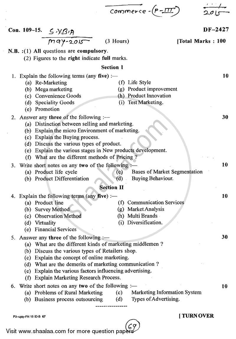 Introduction to Marketing 2014-2015 - B.A. - 2nd Year (SYBA) - University of Mumbai question paper with PDF download