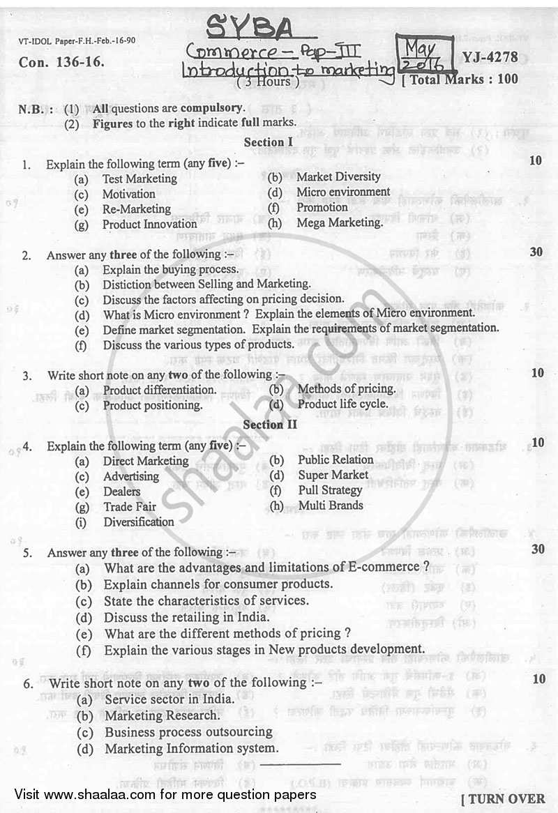 Introduction to Marketing 2015-2016 - B.A. - 2nd Year (SYBA) - University of Mumbai question paper with PDF download