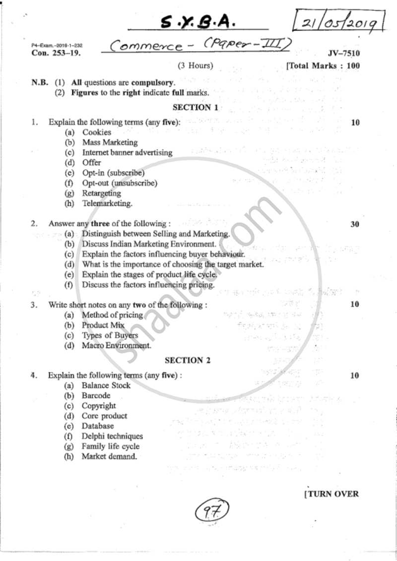 Introduction to Marketing 2018-2019 - B.A. - 2nd Year (SYBA) - University of Mumbai question paper with PDF download