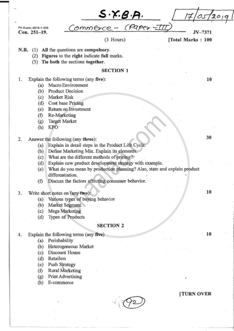 Introduction to Marketing 2018-2019 - B.A. - 2nd Year (SYBA) - University of Mumbai question paper with PDF download