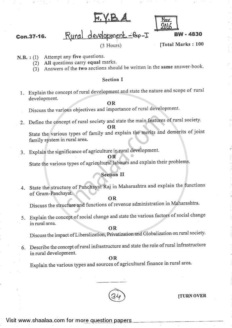 Introduction to Rural Development 2016-2017 - B.A. - 1st Year (FYBA) - University of Mumbai question paper with PDF download