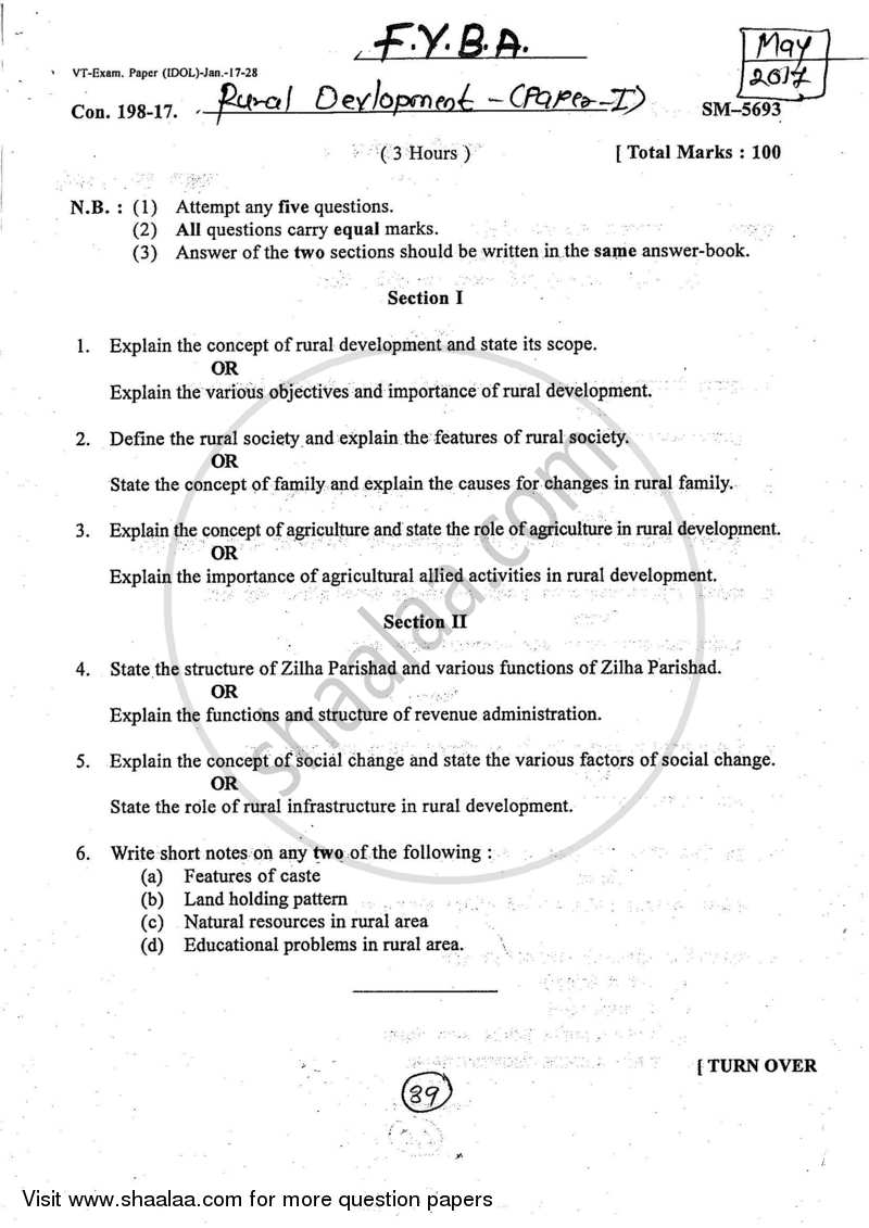 Introduction to Rural Development 2016-2017 - B.A. - 1st Year (FYBA) - University of Mumbai question paper with PDF download