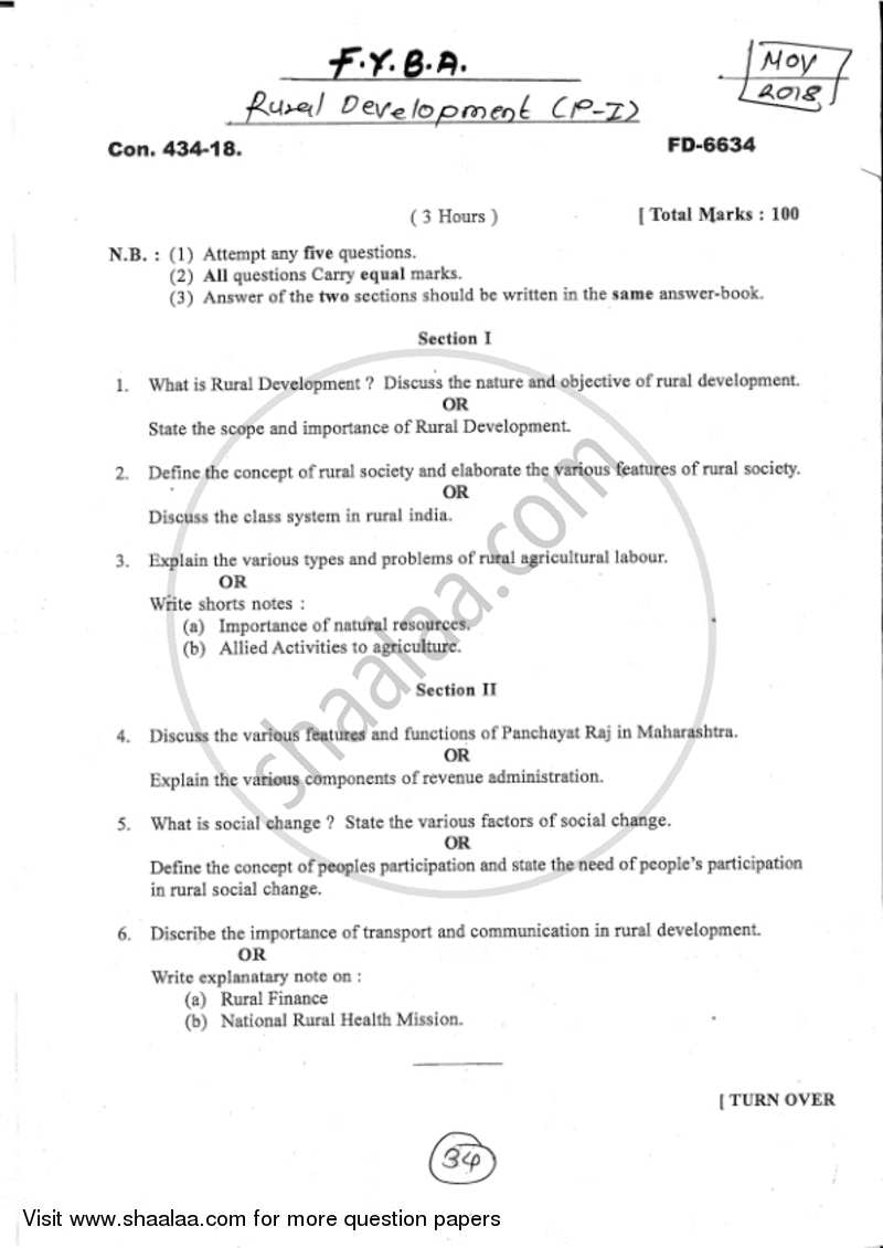 Introduction to Rural Development 2017-2018 - B.A. - 1st Year (FYBA) - University of Mumbai question paper with PDF download