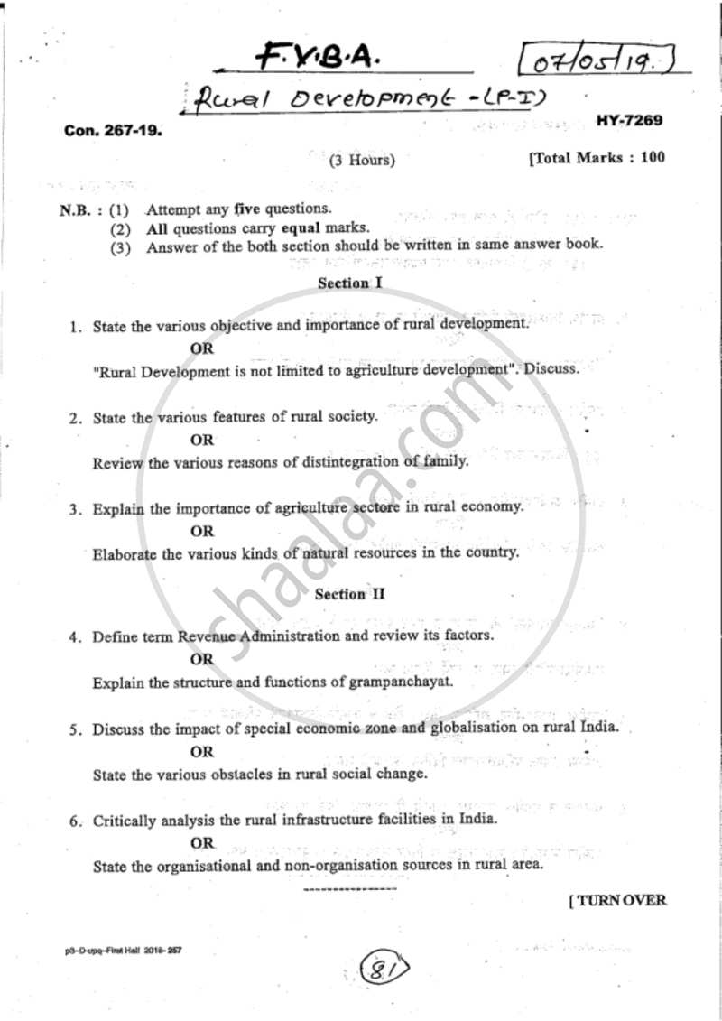 Introduction to Rural Development 2018-2019 - B.A. - 1st Year (FYBA) - University of Mumbai question paper with PDF download