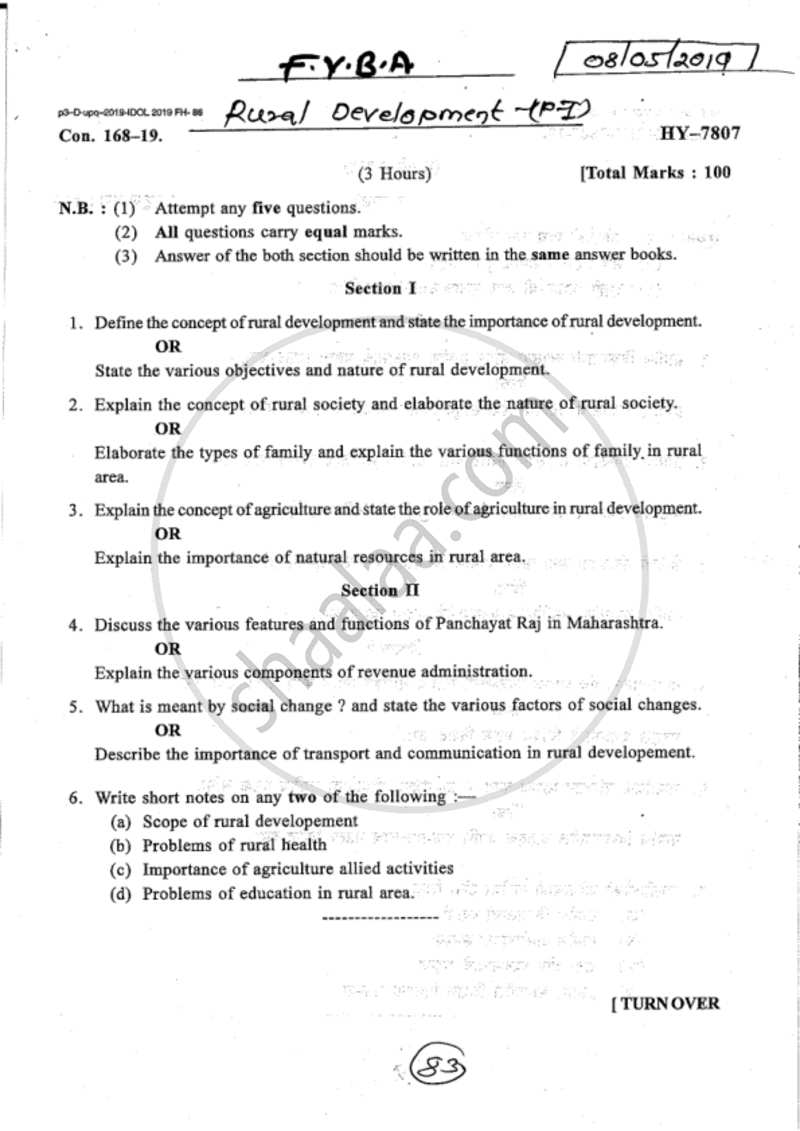 Introduction to Rural Development 2018-2019 - B.A. - 1st Year (FYBA) - University of Mumbai question paper with PDF download