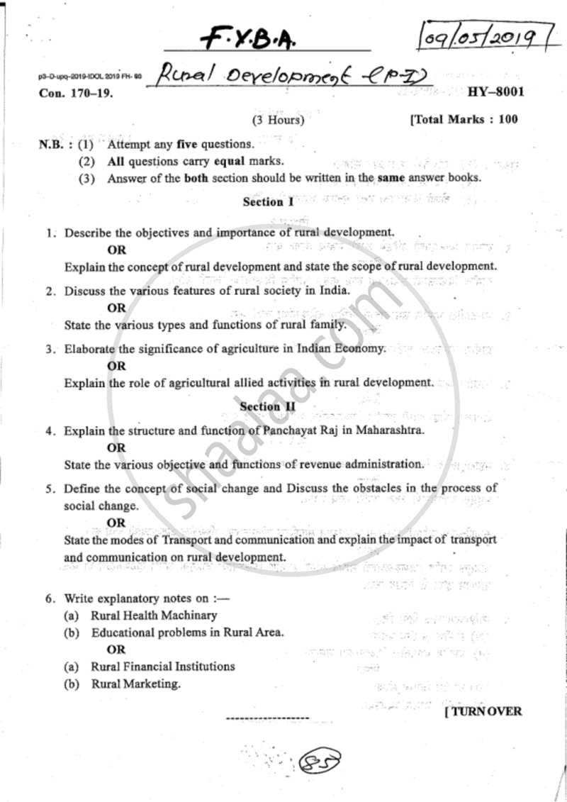 Introduction to Rural Development 2018-2019 - B.A. - 1st Year (FYBA) - University of Mumbai question paper with PDF download