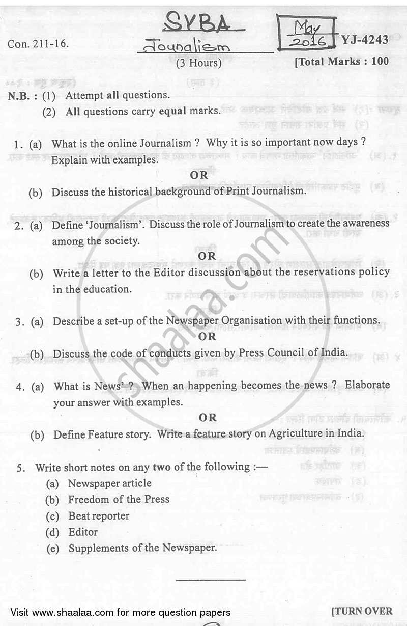 Journalism 2015-2016 - B.A. - 2nd Year (SYBA) - University of Mumbai question paper with PDF download