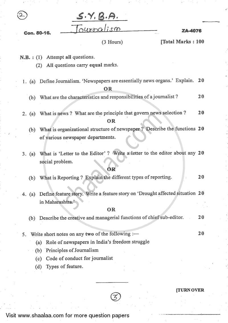 Journalism 2016-2017 - B.A. - 2nd Year (SYBA) - University of Mumbai question paper with PDF download