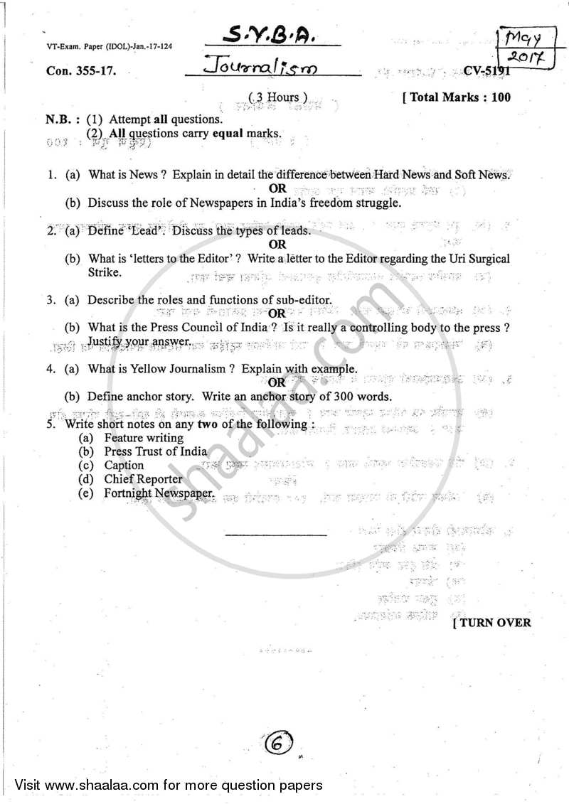 Journalism 2016-2017 - B.A. - 2nd Year (SYBA) - University of Mumbai question paper with PDF download