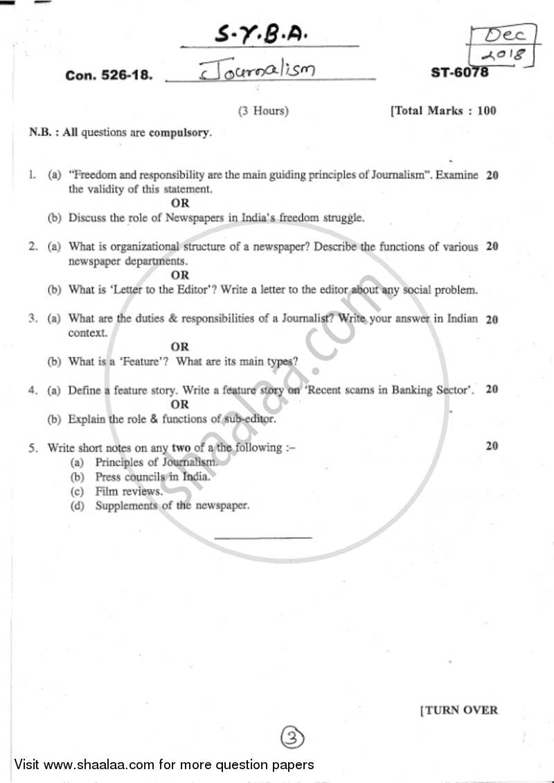 Journalism 2017-2018 - B.A. - 2nd Year (SYBA) - University of Mumbai question paper with PDF download