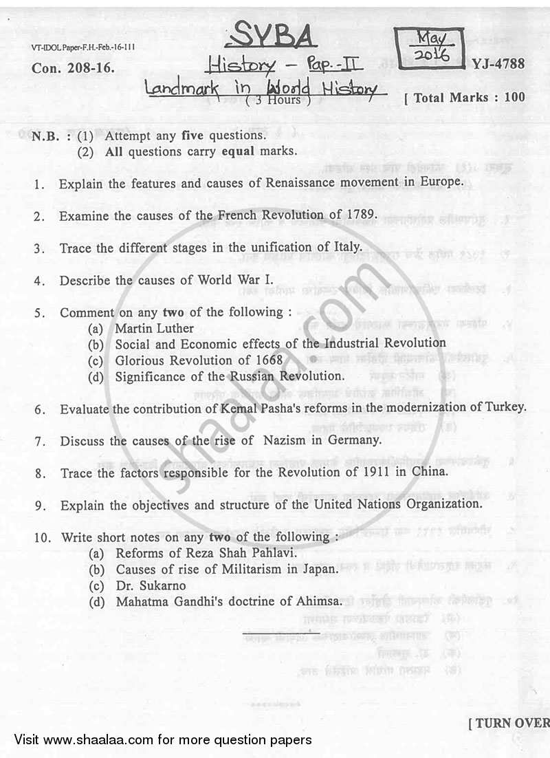 Landmark in World History (1453‐1945) 2015-2016 - B.A. - 2nd Year (SYBA) - University of Mumbai question paper with PDF download