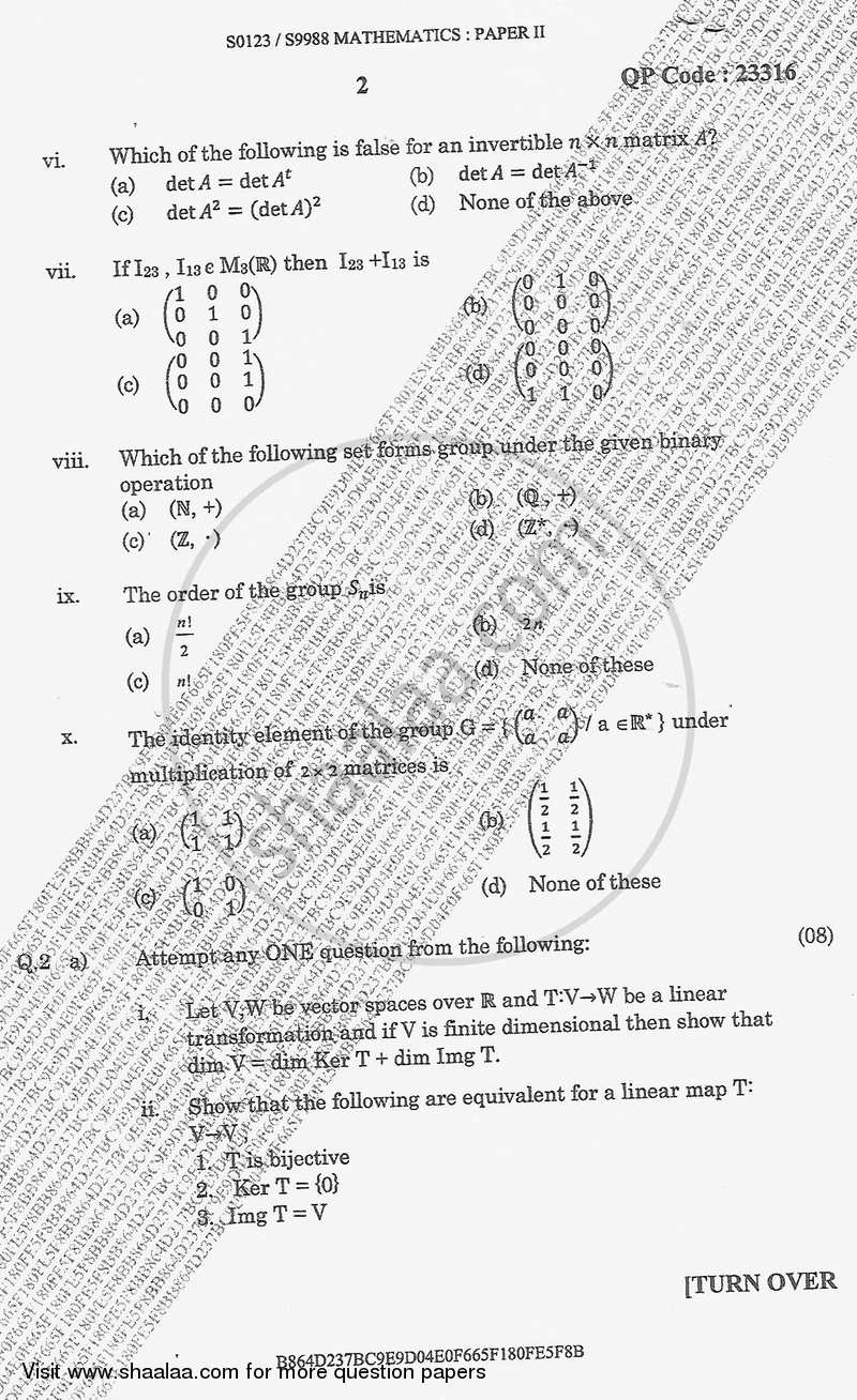 Linear Algebra 1 2017-2018 - B.A. - Semester 3 (SYBA) - University of Mumbai question paper with PDF download