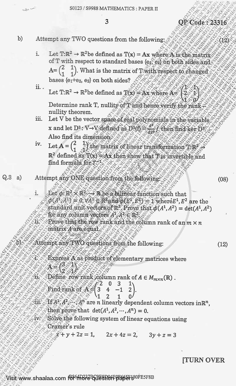 Linear Algebra 1 2017-2018 - B.A. - Semester 3 (SYBA) - University of Mumbai question paper with PDF download