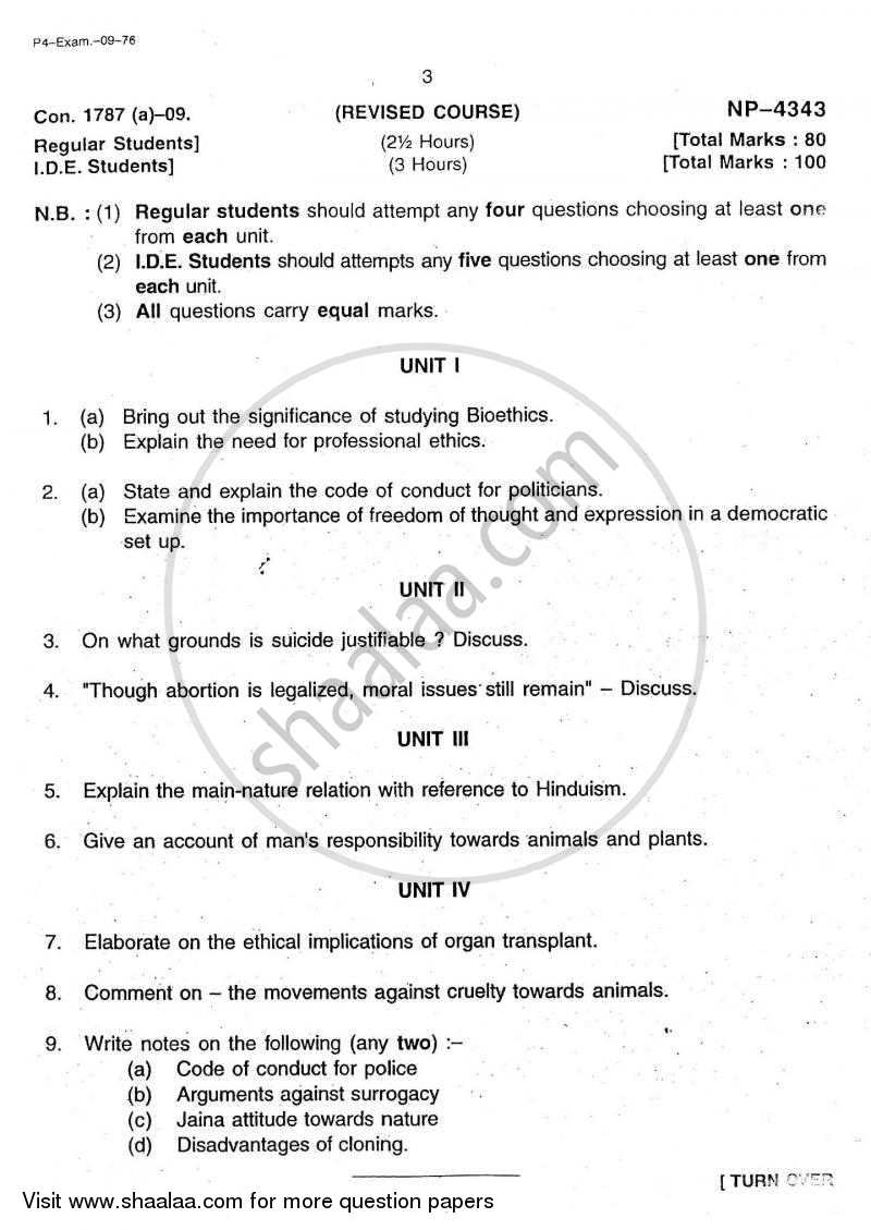 Living Ethical Issues 2008-2009 - B.A. - 3rd Year (TYBA) - University of Mumbai question paper with PDF download
