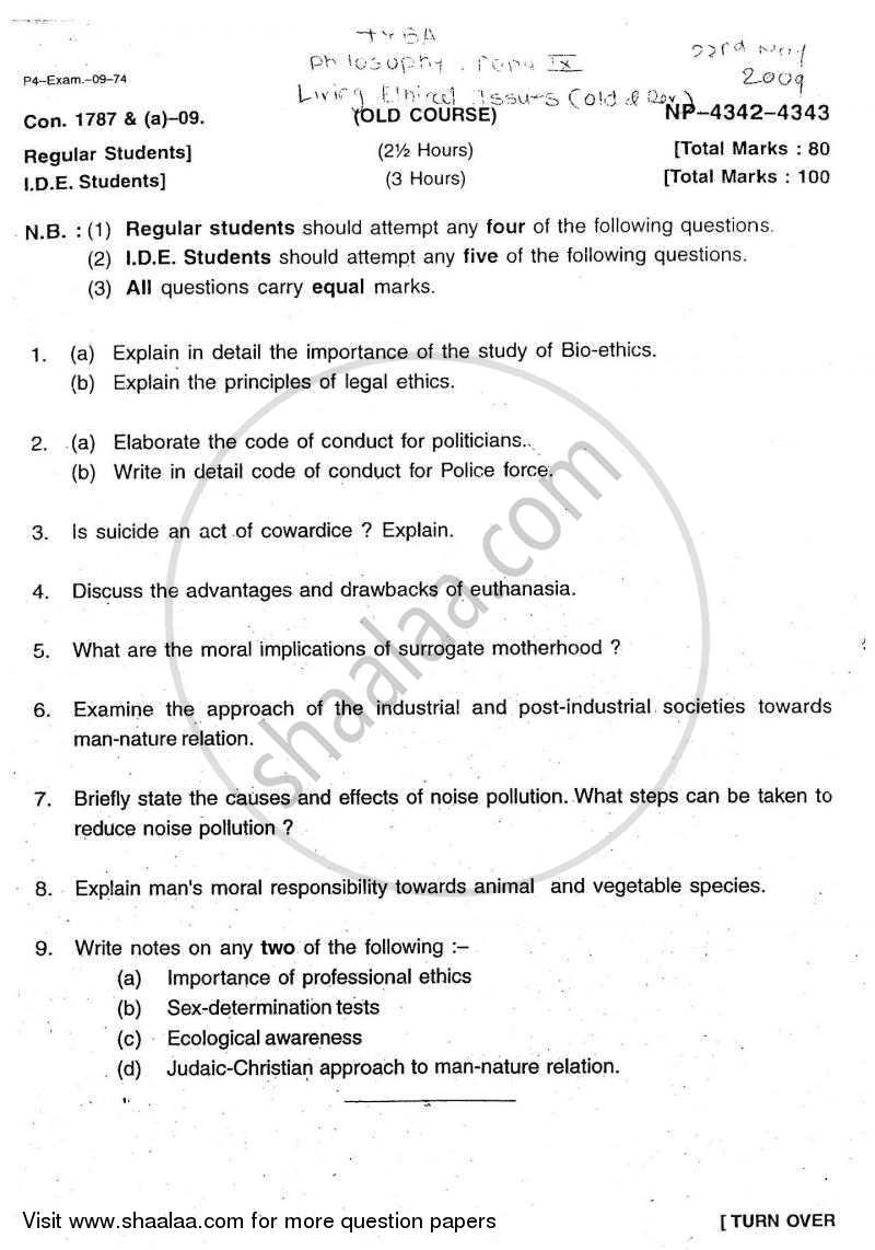 Living Ethical Issues 2008-2009 - B.A. - 3rd Year (TYBA) - University of Mumbai question paper with PDF download