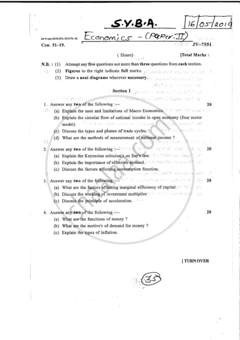 Macro Economics 2018-2019 - B.A. - 2nd Year (SYBA) - University of Mumbai question paper with PDF download