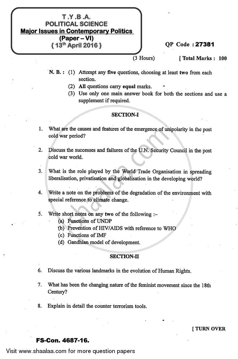 Major Issues in Contemporary Politics 2015-2016 - B.A. - 3rd Year (TYBA) - University of Mumbai question paper with PDF download