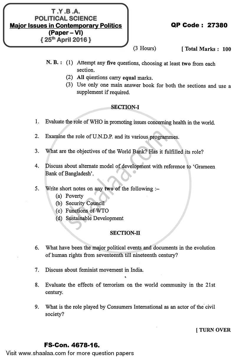 Major Issues in Contemporary Politics 2015-2016 - B.A. - 3rd Year (TYBA) - University of Mumbai question paper with PDF download