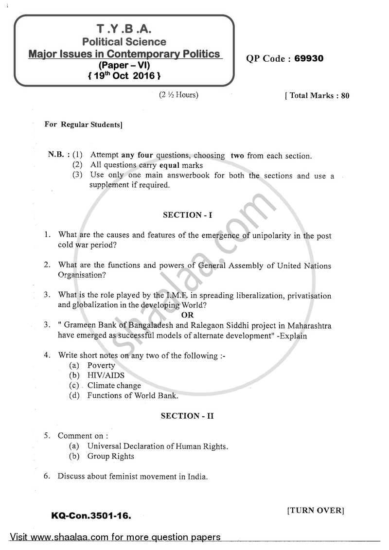 Major Issues in Contemporary Politics 2016-2017 - B.A. - 3rd Year (TYBA) - University of Mumbai question paper with PDF download