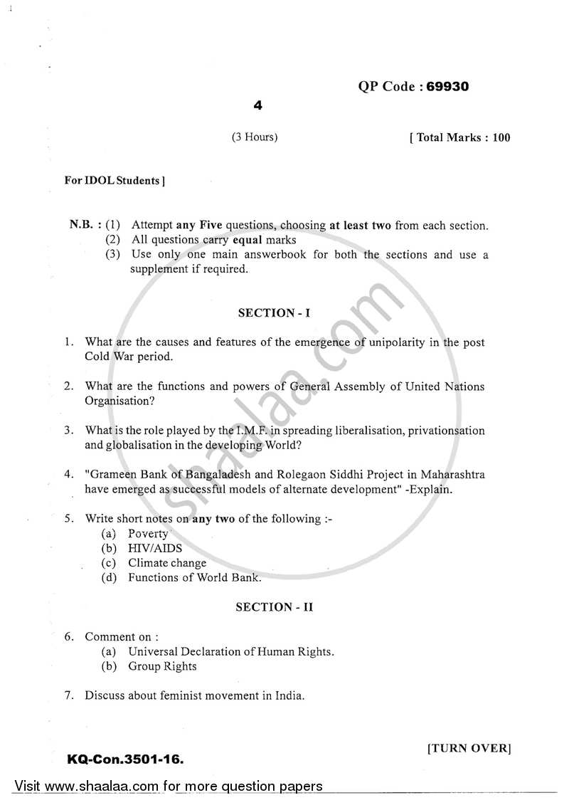 Major Issues in Contemporary Politics 2016-2017 - B.A. - 3rd Year (TYBA) - University of Mumbai question paper with PDF download