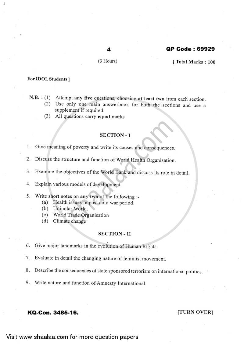 Major Issues in Contemporary Politics 2016-2017 - B.A. - 3rd Year (TYBA) - University of Mumbai question paper with PDF download