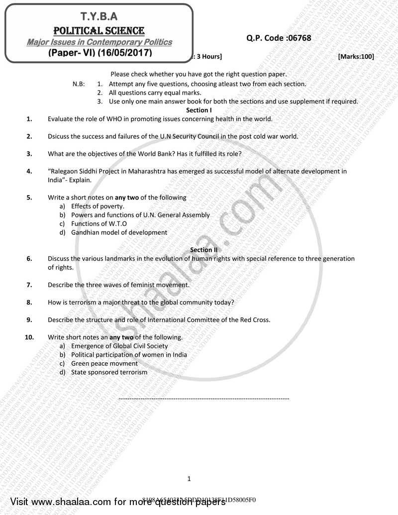 Major Issues in Contemporary Politics 2016-2017 - B.A. - 3rd Year (TYBA) - University of Mumbai question paper with PDF download