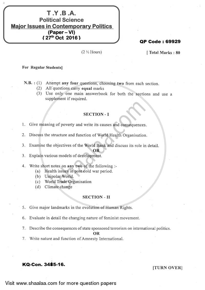 Major Issues in Contemporary Politics 2016-2017 - B.A. - 3rd Year (TYBA) - University of Mumbai question paper with PDF download
