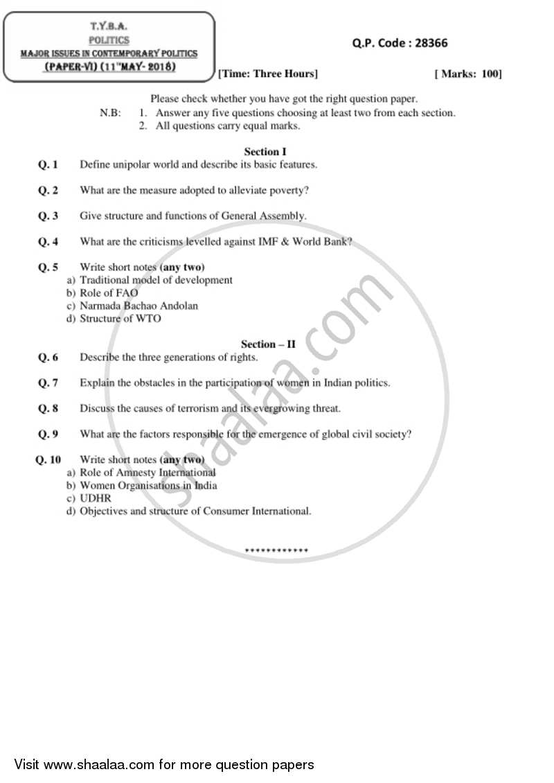 Major Issues in Contemporary Politics 2017-2018 - B.A. - 3rd Year (TYBA) - University of Mumbai question paper with PDF download