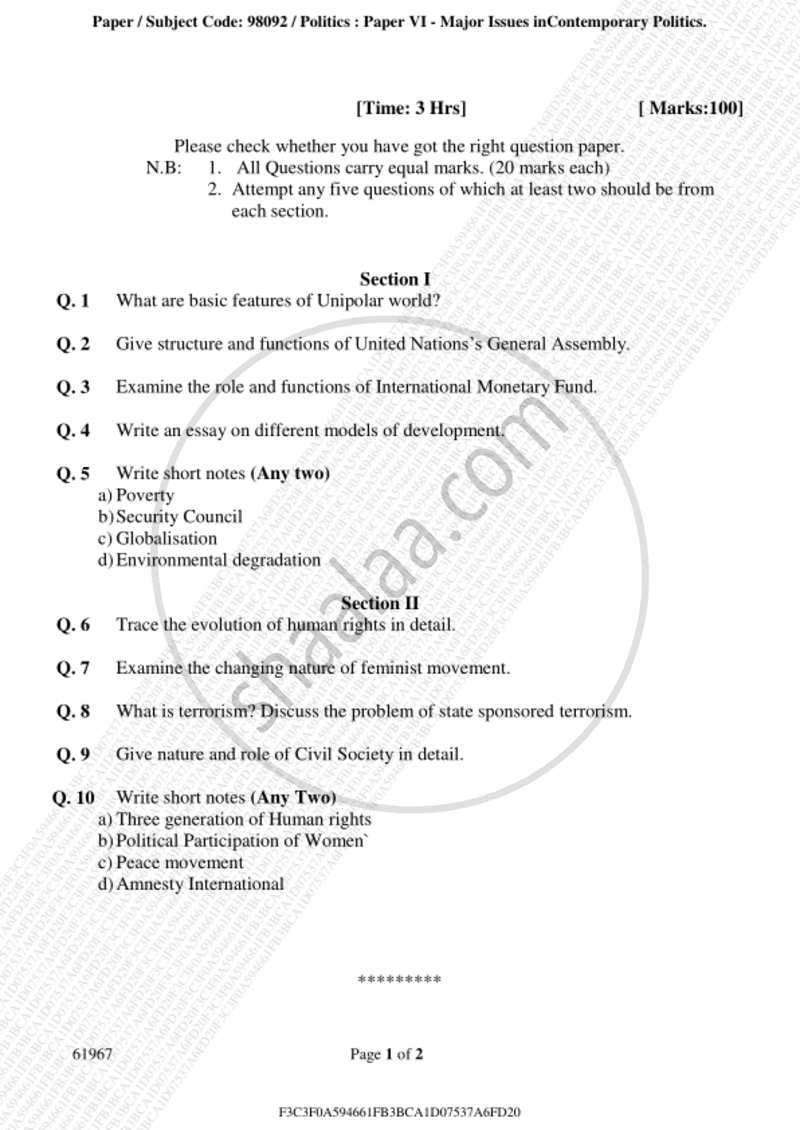 Major Issues in Contemporary Politics 2018-2019 - B.A. - 3rd Year (TYBA) - University of Mumbai question paper with PDF download