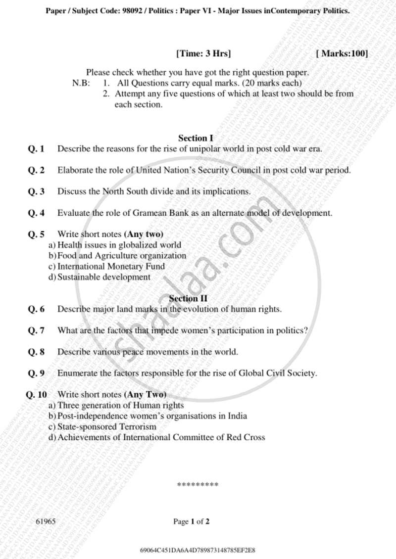 Major Issues in Contemporary Politics 2018-2019 - B.A. - 3rd Year (TYBA) - University of Mumbai question paper with PDF download