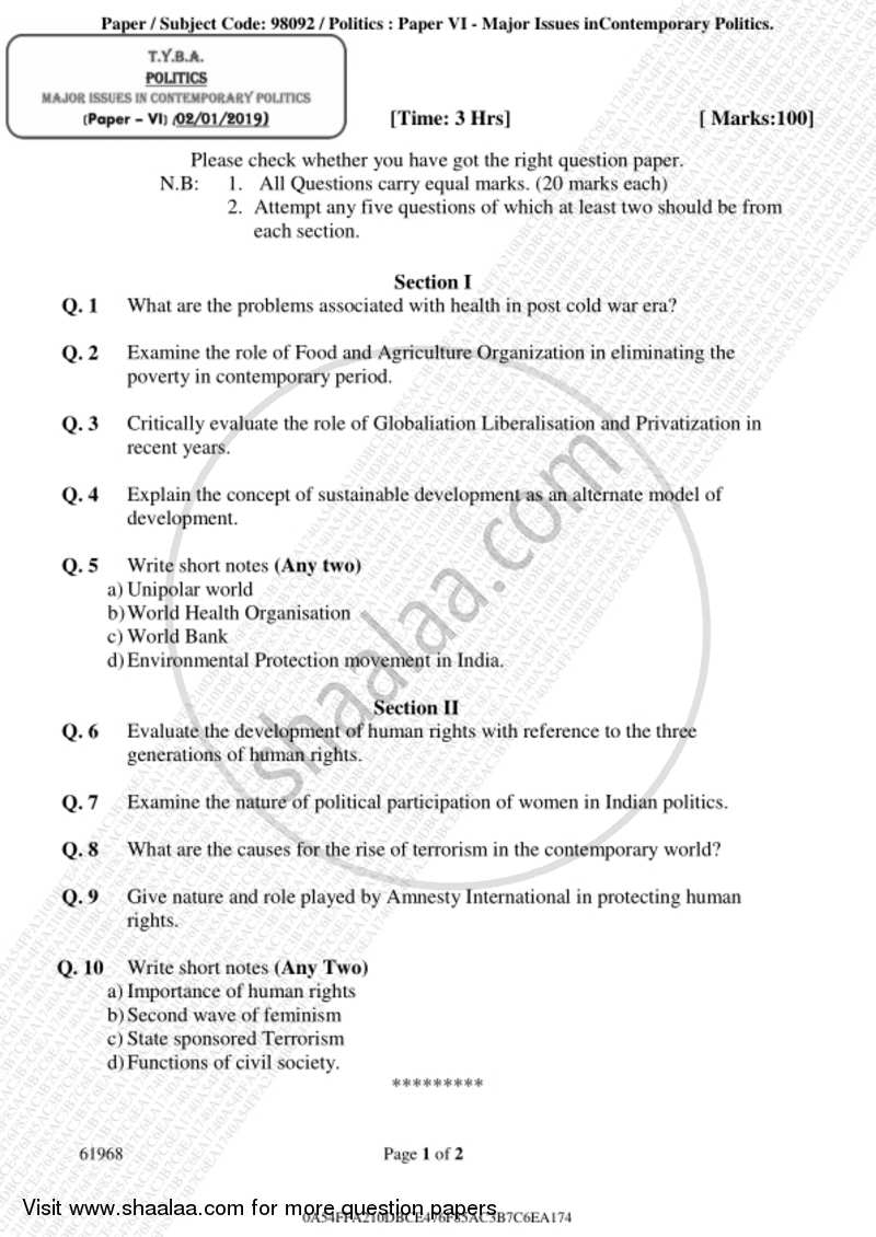 Major Issues in Contemporary Politics 2018-2019 - B.A. - 3rd Year (TYBA) - University of Mumbai question paper with PDF download
