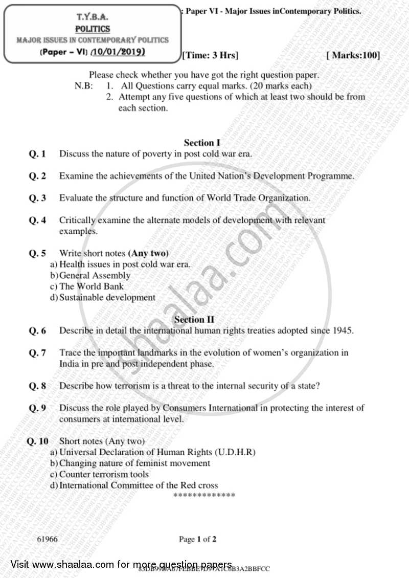 Major Issues in Contemporary Politics 2018-2019 - B.A. - 3rd Year (TYBA) - University of Mumbai question paper with PDF download