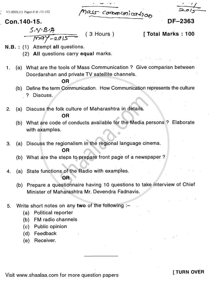 Mass Communication 2014-2015 - B.A. - 2nd Year (SYBA) - University of Mumbai question paper with PDF download