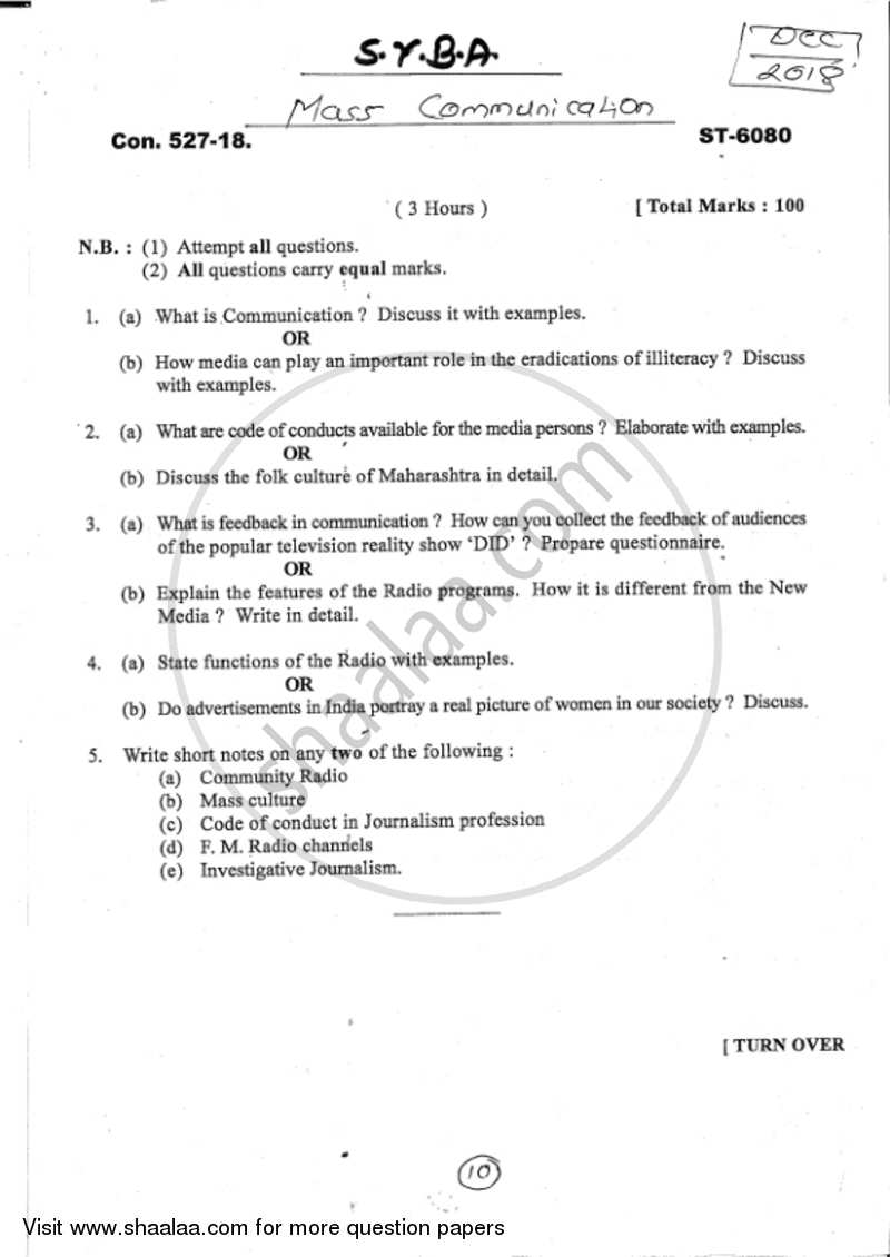 Mass Communication 2017-2018 - B.A. - 2nd Year (SYBA) - University of Mumbai question paper with PDF download